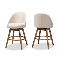 Baxton Studio BBT5355C-Light Beige/Walnut-CS Carra Mid-Century Modern Light Beige Fabric Upholstered Walnut-Finished Wood Swivel Counter Stool Set of 2